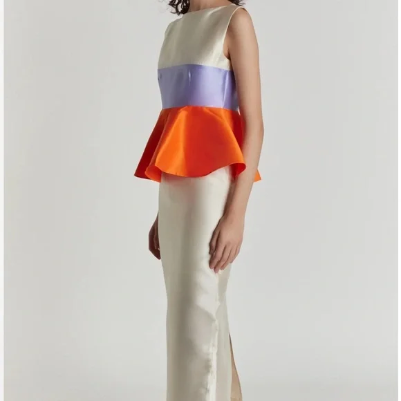 Destree Cream and Orange Peplum Ruffled Midi Cocktail Dress. Style name: Cy - Picture 2 of 6